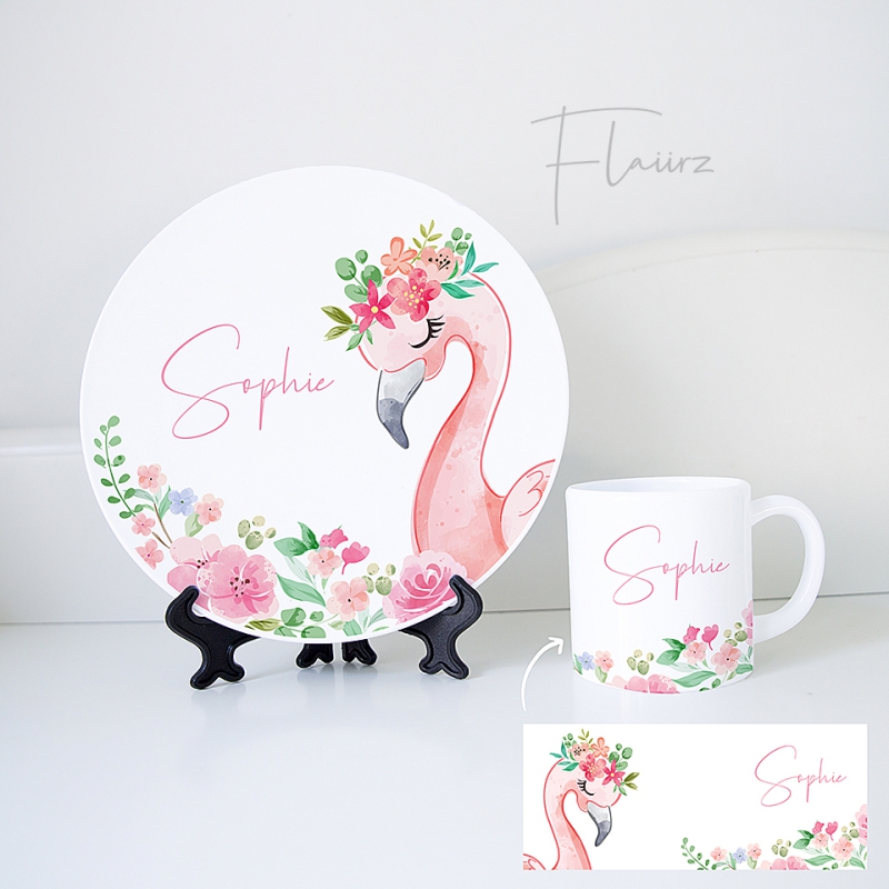 FLAIIRZ Flamingo met bloemen serviesset met naam