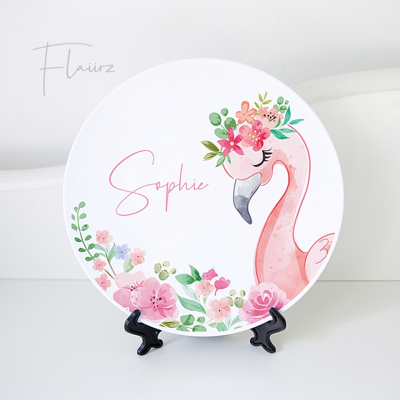 FLAIIRZ Flamingo met bloemen bord met naam