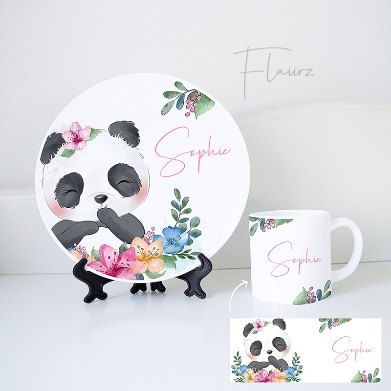 FLAIIRZ Panda met bloemen serviesset met naam