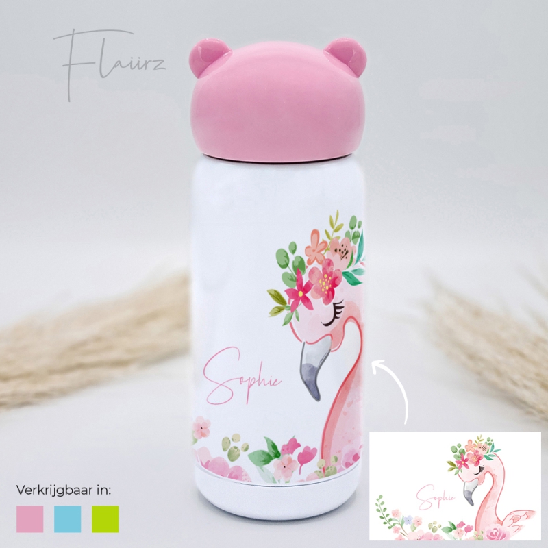 Flamingo met bloemen kinder drinkfles roze FLAIIRZ