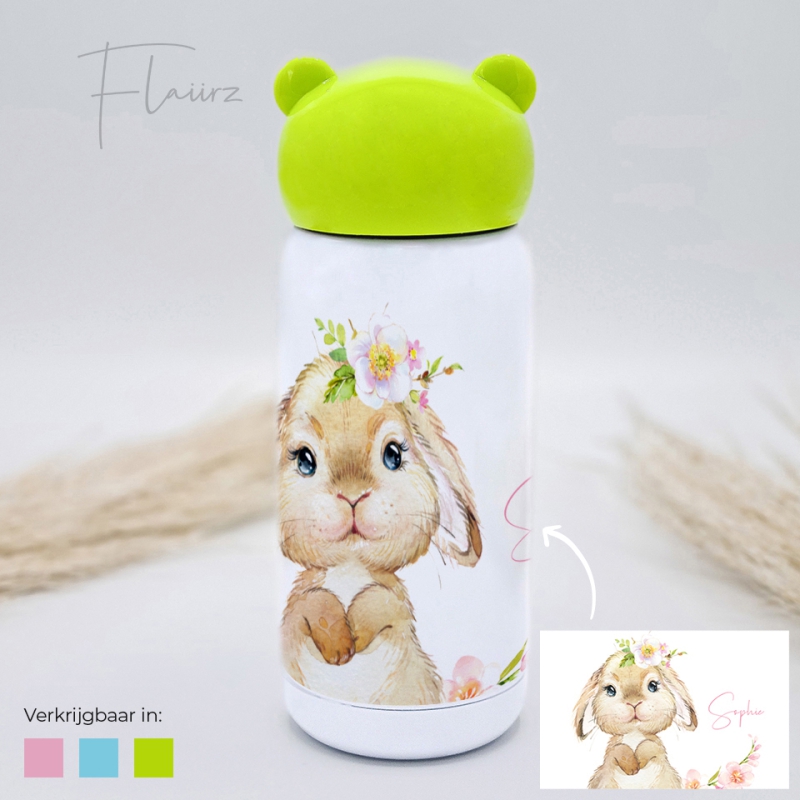 Konijn bruin met bloemen drinkfles groen FLAIIRZ